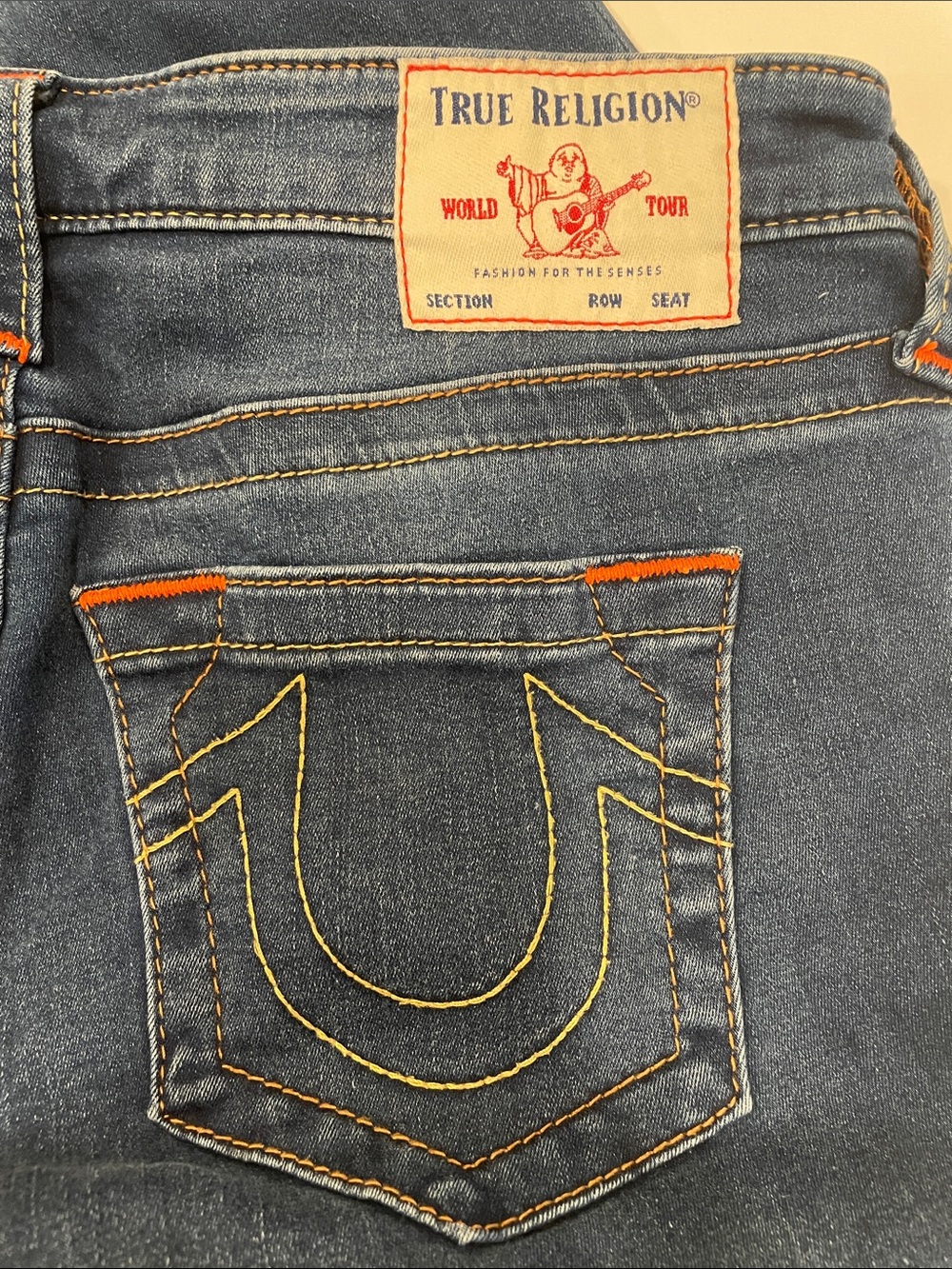 True Religion Women's Dark Blue Skinny Jeans with Yellow & Orange Stitching